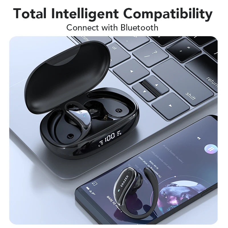 Auriculares Bluetooth 5.3 XT80 TWS con micrófono, control por botón, reducción de ruido, ganchos para la oreja y resistencia al agua